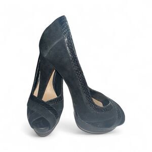 H by Halston Black Suede Snake Accents Platform Peep Toe Stiletto Women's Size 6